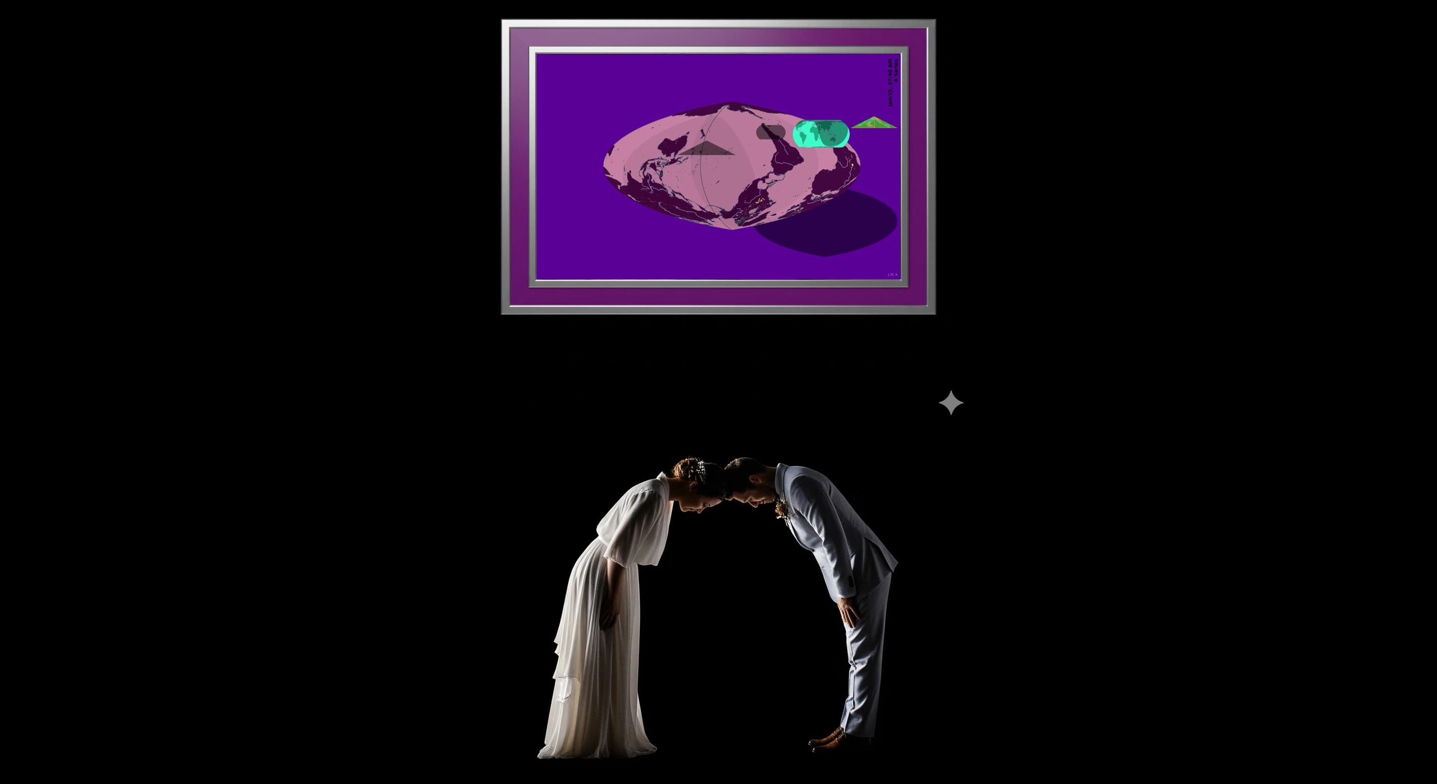 Cartographic artwork showing Earth witnessing significant moments